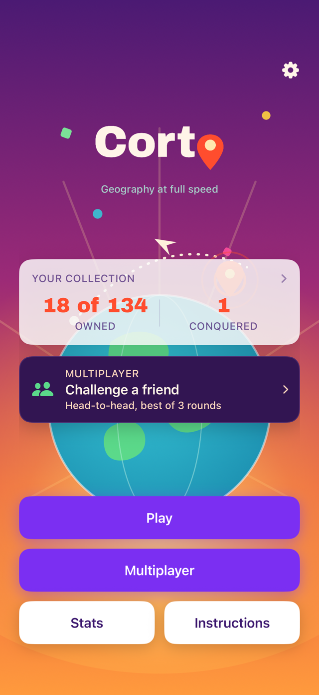 Corto home screen with the globe, your collection, and the Play button
