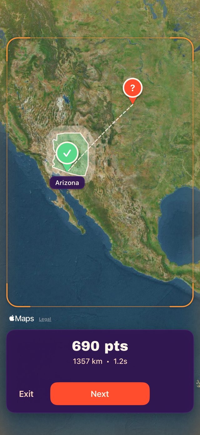 Learn pack reveal: Arizona highlighted on the map after a guess